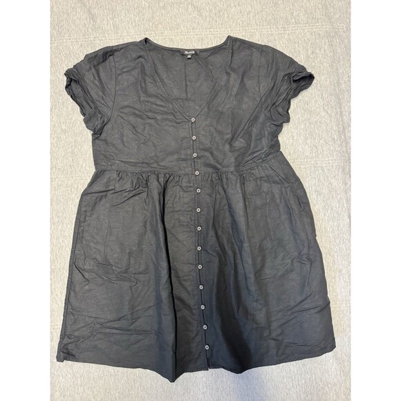 Madewell Dress Womens Large Flare Linen Blend Alexandra Button Front Short Black - Picture 3 of 11